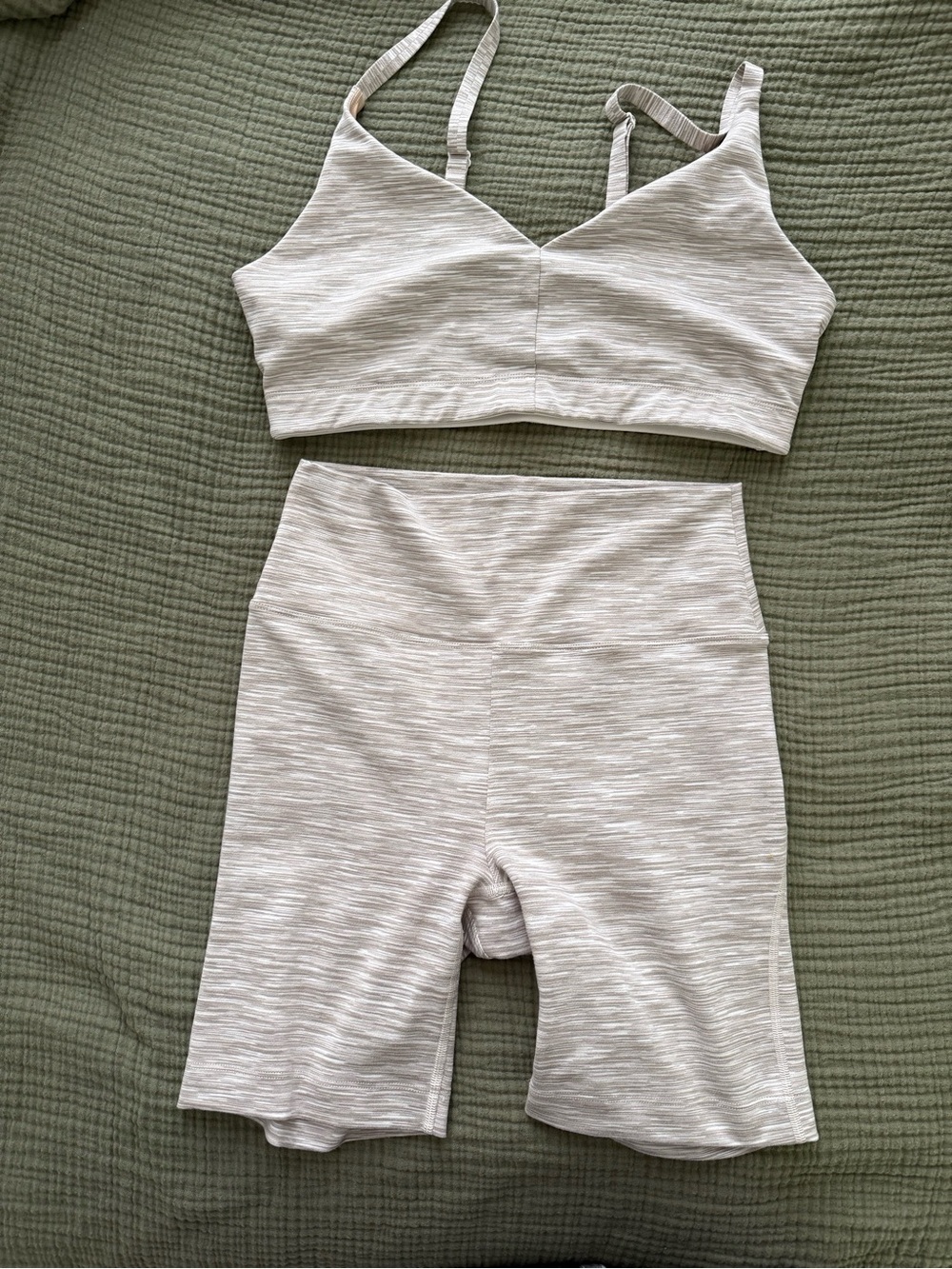 Outdoor Voices Heathered Oatmeal Bike Shorts (S) Sports Bra (L) Set